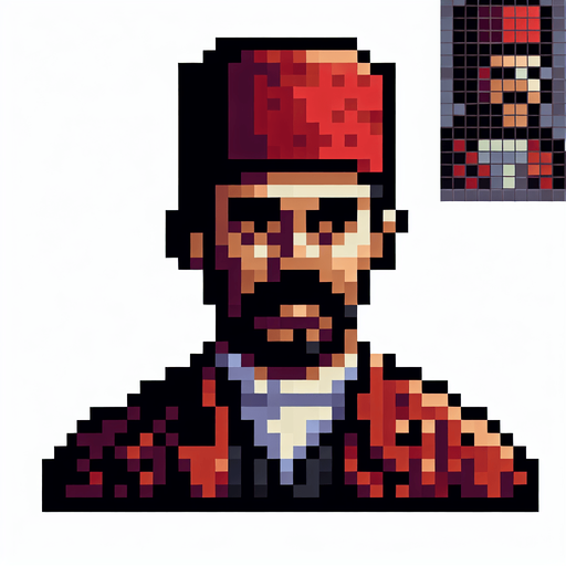 osmanlıda yaşayan fesli normal bir erkeğin pixel versiyonu.
Single Game Texture. In-Game asset. 2d. Blank background. High contrast. No shadows.