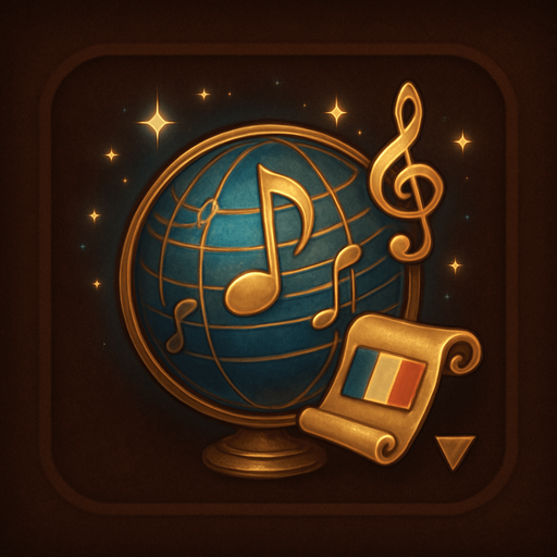 Design an icon for a Language selection button in a fantasy tower defense game set in a magical concert hall. The icon should combine a classic globe symbol with musical or magical elements to reflect the game's unique theme.

Main symbol: a stylized globe with subtle music note engravings on the surface or longitude/latitude lines formed from staff lines (like a musical sheet).
Optional elements: a floating treble clef, sparkles, or an open scroll representing language or translation.

Use elegant gold, bronze, or blue tones, with a soft magical glow.
The background should be subtle—velvet, dark wood, or parchment-like texture.

Icon must be square (256×256 px), readable at small sizes, and must not include text.
Optional: provide a state where a small flag symbol or dropdown arrow appears to suggest language selection.

Style: refined, orchestral fantasy UI—fitting the atmosphere of a haunted concert hall with magical elegance..
In-Game asset.  2d.  High contrast.  No shadows