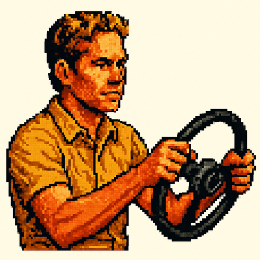 Paul walker holding a car wheel as if he's driving. vintage retro 1980 style. 3/4 view. pixelated. 8 bit. Single Game Texture. In-Game asset. 2d. Blank background. High contrast. No shadows.