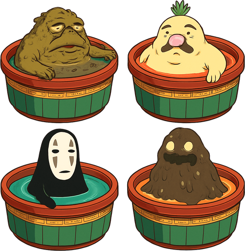 Japanese circle bath have different stink spirits from movie "spirited away". each one per bath. HD colors.
In-Game asset.  2d.  High contrast.  No shadows
