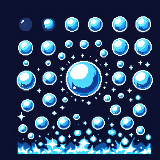 A sprite sheet of blue force field bubbles.
Single Game Texture. In-Game asset. 2d. Blank background. High contrast. No shadows.