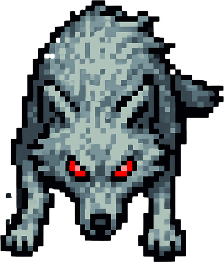 “Top-down 2D pixel art of a light gray wolf with glowing red eyes. The wolf is in an aggressive stance, body low and tense as if ready to pounce or stalking prey. Fur is rough and slightly wind-blown. Viewed directly from above, with visible head, back, legs, and tail. Designed as a game sprite with a hostile and wild appearance.”.
In-Game asset.  2d.  High contrast.  No shadows
