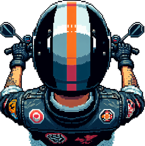 Directly overhead, plumb view of a man wearing a motorcycle helmet from the back (we see his back).
Zenith view, directly overhead, plumb view. NOT PERSPECTIVE!. Pixel art