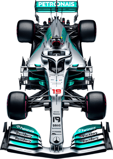 Silver f1 mercedes race car with turquoise green lines and REARwings and white "PETRONAIS" text on wings.
Red race number on car nose. black Blackberry text on sides. Top view.