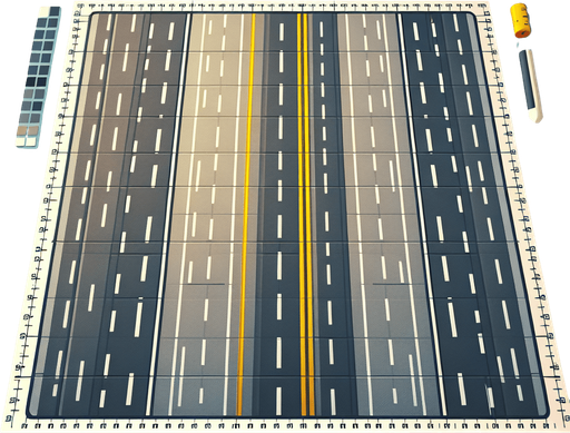 four-lane road on full image.
Single Game Texture. In-Game asset. 2d. Blank background. High contrast. No shadows.