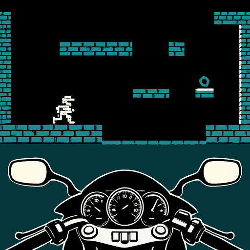 Place a fixed motorcycle cockpit graphic that spans the full width of the bottom of the screen. It should stay anchored to the UI and not move with the player or the game world. The cockpit should appear in front of the gameplay area, like a HUD overlay..
In-Game asset.  2d.  High contrast.  No shadows