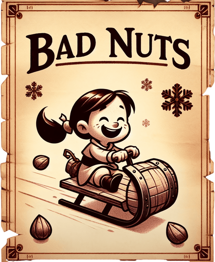 a pergament letter with the name "Bad Nuts". It has a evil looking little girl brat with a ponytail on a sledge on it. vertical. Single Game Texture. In-Game asset. 2d. Blank background. High contrast. No shadows.