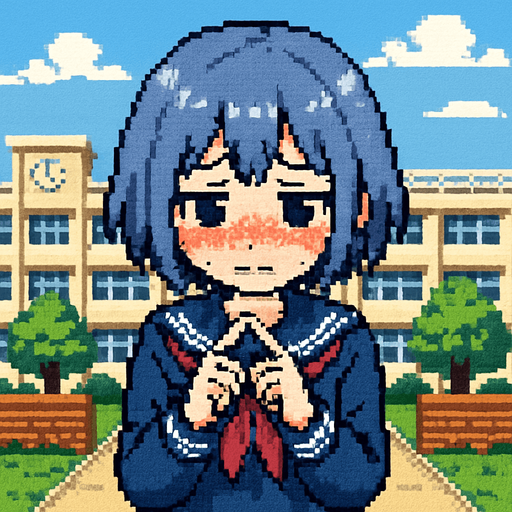 Stella is a sweet and very kawaii 15-year-old anime girl with short, soft blue-gray hair (HEX: #b0b9d8) and black eyes. She wears a traditional Japanese school uniform called a sailor fuku. Stella is extremely shy—she blushes easily, avoids eye contact, and often covers herself when she feels nervous. In this Pixel Art scene, she’s gently touching the tips of her index fingers together, a classic gesture of shyness seen in anime. Behind her is the courtyard of a Japanese middle school, completing the charming school setting..
In-Game asset.  2d.  High contrast.  No shadows