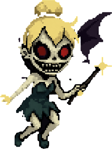 scary cute little fairy tinker bell 2d pixel art.
In-Game asset.  2d.  High contrast.  No shadows