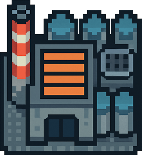 Industrial building 2d pixilated topdown.
In-Game asset.  2d.  High contrast.  No shadows