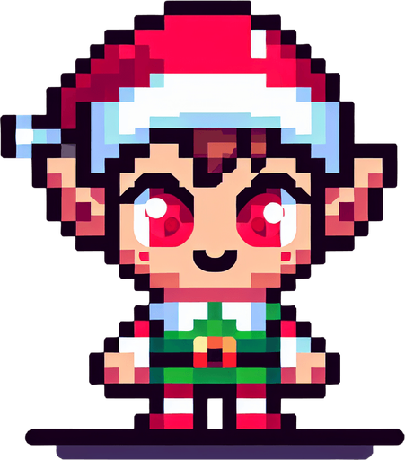 16 bit sprite of a red eyed christmas elf Single Game Texture. In-Game asset. 2d. Blank background. High contrast. No shadows.
