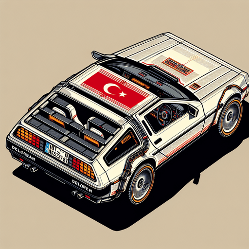 DeLorean car, seen from behind Top down, gta2, Single Game Texture. In-game asset. 2d. Empty background. High contrast. No shadows. isometric. Use modified car with turkish flag..
Single Game Texture. In-Game asset. 2d. Blank background. High contrast. No shadows.