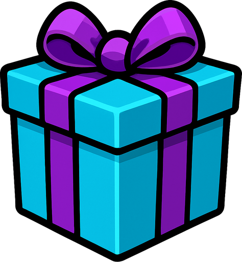 It has a purple ribbon and ribbons on a blue gift box.
In-Game asset.  2d.  High contrast.  No shadows