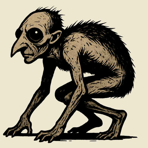 The image depicts a strange, humanoid creature with an unusual and unsettling appearance. It has a small, elongated head with a pointed nose and large, dark eyes that seem to bulge slightly. The creature has sparse, dark hair on its head, which appears messy and uneven. Its body is thin and frail, covered with patchy, coarse hair across its back and sides. The creature is crouched on all fours, with long, thin arms and legs that bend awkwardly. Its skin looks pale and wrinkled, and it has a hunched posture, as if it is crawling or moving slowly..
In-Game asset.  2d.  High contrast.  No shadows
