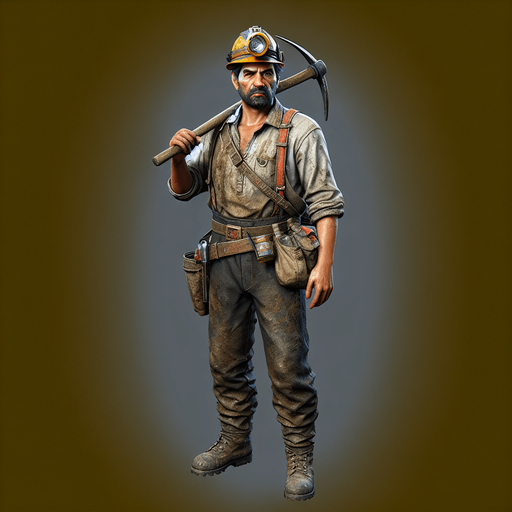 miner.
Single Game Texture. In-Game asset. 2d. Blank background. High contrast. No shadows.