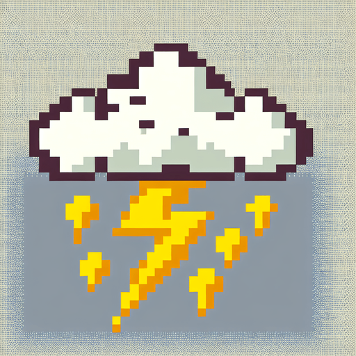 8-bit cloud with lightning. in game asset. white cloude. yellow lighning. Single Game Texture. In-Game asset. 2d. Blank background. High contrast. No shadows.