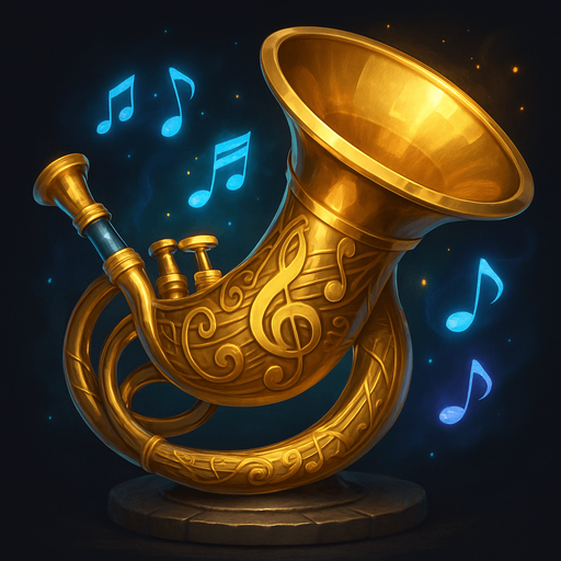 Create a detailed fantasy icon of a War Horn designed for a musical-themed tower defense game set in a haunted concert hall.

The horn should be ornate and elegant, resembling a mix between a classical brass instrument (like a French horn or trumpet) and a battle horn.

Crafted from polished brass or gold, with engraved musical symbols (clefs, notes, or swirling staff lines) along its surface.

The mouthpiece and flared bell should look slightly exaggerated, magical, or ceremonial.

Add glowing accents (blue, violet, or gold) or floating music notes around it to suggest it's enchanted.

The horn may rest on a pedestal, float slightly, or face outward ready to be sounded.

Background should be minimal or transparent. Icon must be square (256×256 or 512×512), clean and readable at small sizes.
Style: elegant fantasy UI, semi-realistic digital painting, matching the orchestral theme of the game..
In-Game asset.  2d.  High contrast.  No shadows