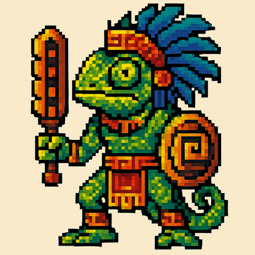 Generame un guerrero azteca con patrones, estilo pixelar, ademas sera un Camaleón de Cundinamarcahumanoide.
In-Game asset.  2d.  High contrast.  No shadows