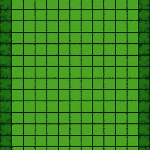Crea una cuadricula de 28 x 35, en cada cuadrado añade un bloque de cesped. En los cuadros de los lados añade algunos arbustos. La dimension de la imagen debe ser de 2048 x 2732 pixels.
In-Game asset.  2d.  High contrast.  No shadows