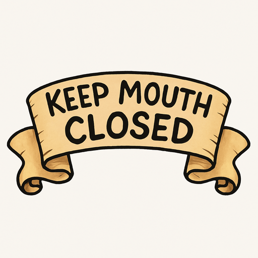 A simple wide hand-drawn symmetrical ribbon banners. The banner text reads “Keep mouth closed” in playful, cartoonish black lettering. The ribbon is warm beige parchment. Each side ends with simple curved, scroll-like ribbon.
Single Game Texture.  In-Game asset.  2d.  Blank background.  High contrast.  No shadows.