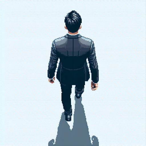Directly overhead, plumb view of a business man heading top (we see his back). walinkg. empty hands..
Zenith view, directly overhead, plumb view. NOT PERSPECTIVE!. Pixel art