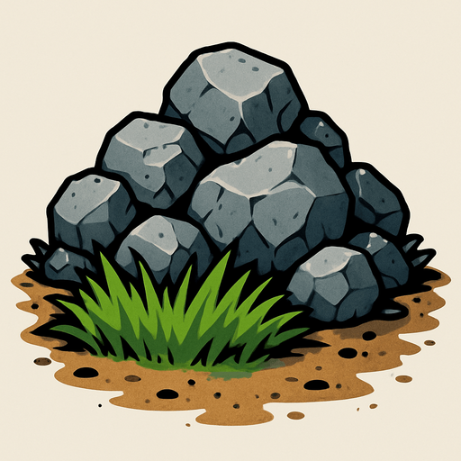 Make a pile of rocks with a grass patch in front of it and dirt scattered.
In-Game asset.  2d.  High contrast.  No shadows