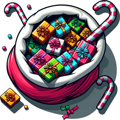 open top of Santa's sack. wrapped presents with ribbons and box, vivid colours, candy canes Single Game Texture. In-Game asset. 2d. Blank background. High contrast. No shadows.