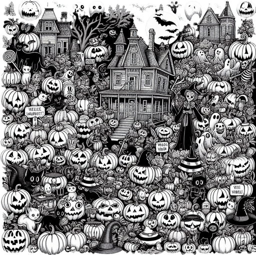 Generate a high quality cartoon background Halloween image on a black canvas similar to the format of where is waldo.
Single Game Texture. In-Game asset. 2d. Blank background. High contrast. No shadows.