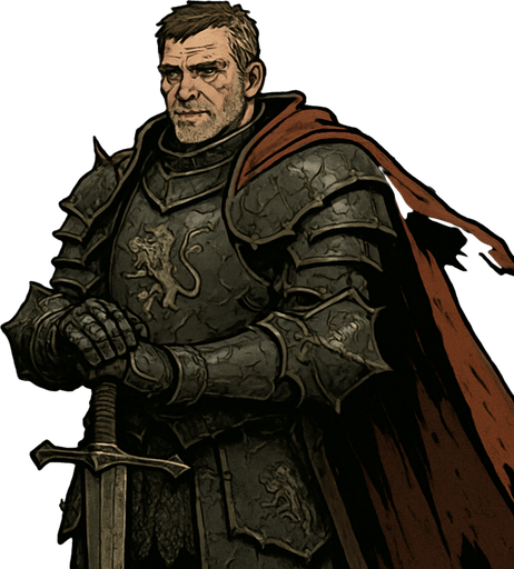 A weathered and noble medieval knight clad in dark iron armor engraved with thorns and lion insignias. Male, 52 years old, tall and broad-shouldered, with greying brown hair cut short, deep-set hazel eyes, and a strong jawline covered in stubble. A long, tattered crimson cape flows behind him. His armor is dented from countless battles. He stands in a ruined stone courtyard at dusk, gripping a massive longsword planted in the ground. Realistic, highly detailed, cinematic lighting. realistic.
In-Game asset.  2d.  High contrast.  No shadows