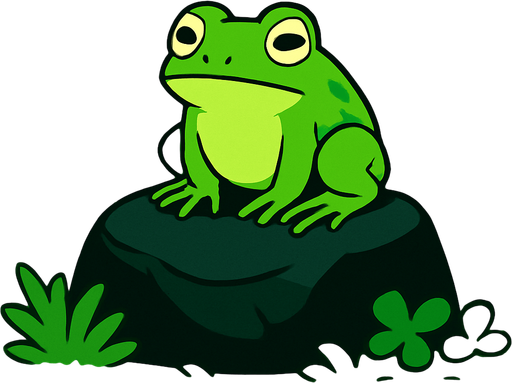 gambar 2d anime kodok hijau di atas batu hitam dalam hutan.
In-Game asset.  2d.  High contrast.  No shadows