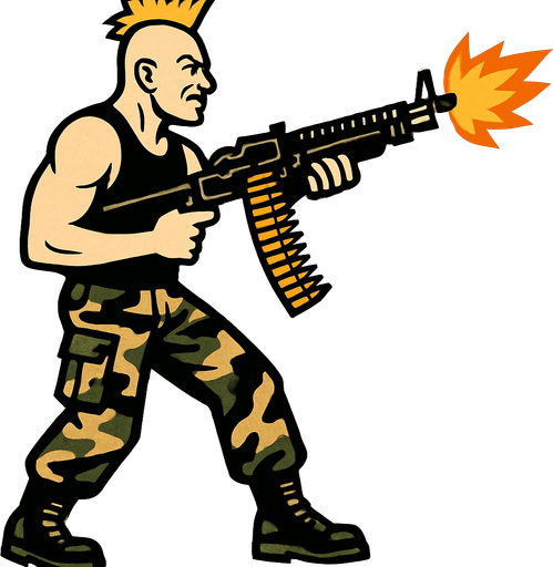 un hombre de 90 kilos rubio con un mohicano con una camiseta de tirantes negra con pantalones de militar disparando un m60 sin brazo con la perspectiva lateral de cuerpo completo.
In-Game asset.  2d.  High contrast.  No shadows