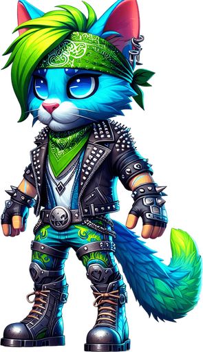 An anthropomorphic blue and green cat animatronic wearing rockstar attire.
Single Game Texture.  In-Game asset.  2d.  Blank background.  High contrast.  No shadows