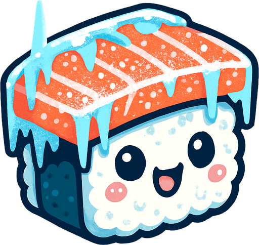Sushi congelado con cara cute.
In-Game asset.  2d.  High contrast.  No shadows