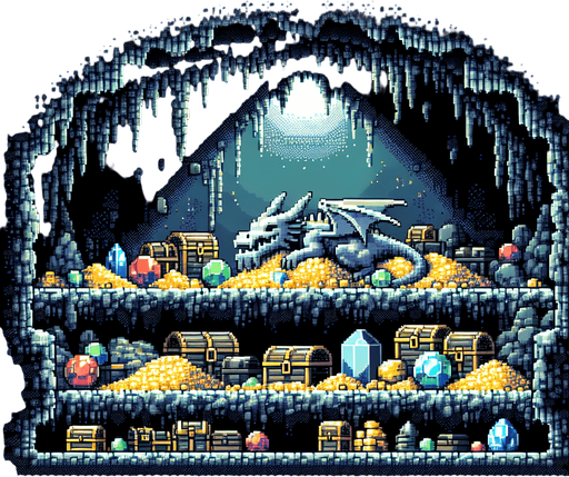 artistic background of the inside the depths of an unlit dark cave filled with a variety of treasures, and a dragon sleeping over a massive pile of treasure chests at its heart. pixelated. 8-bit.
Single Game Texture. In-Game asset. 2d. Blank background. High contrast. No shadows.