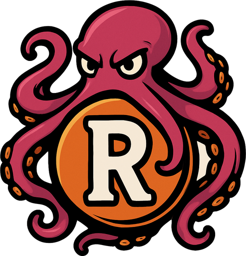 una esfera con una letra r dentro y un pulpo rodeando la esfera.
In-Game asset.  2d.  High contrast.  No shadows