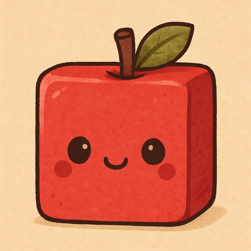 Perfectly square red apple decoration. Cartoon. Cute art style. 2d