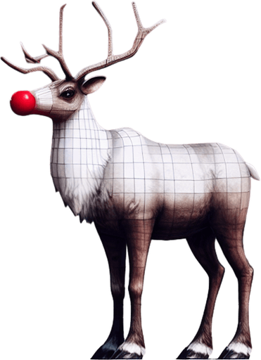 Rudolf the adult rednose Raindeer in a full side viewed position Single Game Texture. In-Game asset. 2d. Blank background. High contrast. No shadows.