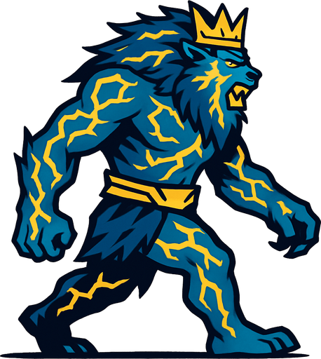 aslan ve insan karışımı yıldırımla kaplı bir canavar kralı sağdan sola yürüyen.
In-Game asset.  2d.  High contrast.  No shadows