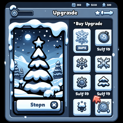 A buy upgrade button, winter theme, no text Single Game Texture. In-Game asset. 2d. Blank background. High contrast. No shadows.
