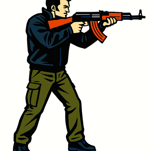 claude speed de gta 3 apuntando con una ak47 desde una perspectiva lateral de cuerpo completo
In-Game asset.  2d.  High contrast.  No shadows