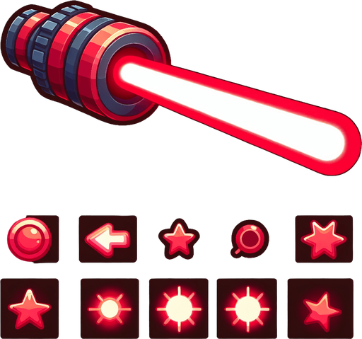 red cartoon laser.
Single Game Texture. In-Game asset. 2d. Blank background. High contrast. No shadows.