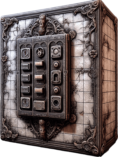 an eerie wall fusebox
Single Game Texture. In-Game asset. 2d. Blank background. High contrast. No shadows.