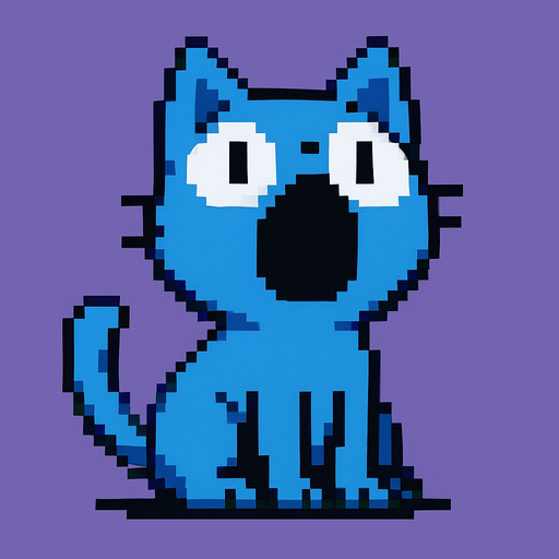 Haz un sprite de un gato azul sin pupilas con la boca abierta mirando arriba.
In-Game asset.  2d.  High contrast.  No shadows