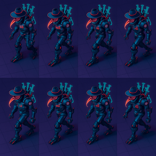 Neon cyberpunk anime top down isometric animatronic plague doctor cyborg demon medic CDC corporate robot monster disease pestilence medicine syringes Walking animation frames