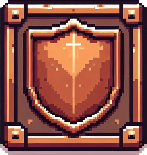 Square flat shield made of bronze pixelart rectangular.
Single Game Texture. In-Game asset. 2d. Blank background. High contrast. No shadows.
