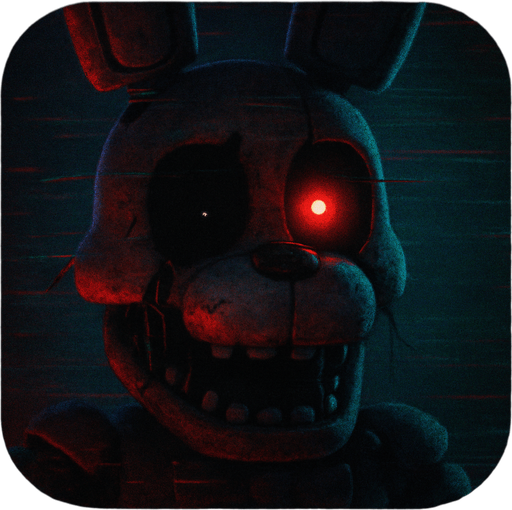 Modern App Store icon, high definition, square with rounded corners, for a game titled "FNAF: GECE VARDİYASI" and with the description "FNAF: GECE VARDİYASI, VHS karıncalanma efektli menüsü ve glitch animatroniğiyle klasik FNAF atmosferini sunan bir fan oyunudur. Menüde yeni oyun ve devam et seçenekleri, oyun içinde ise gece ve saat bilgisiyle test amaçlı gece bitirme butonu bulunur.". No text on icon!