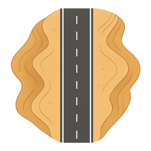 Sand dunes that will appear larger on the right and left, asphalt road in the middle, desert road. It will be suitable for a map that will be in the game. No background. Transparent background. Blank background. No shadows. 2d. In-Game asset. flat