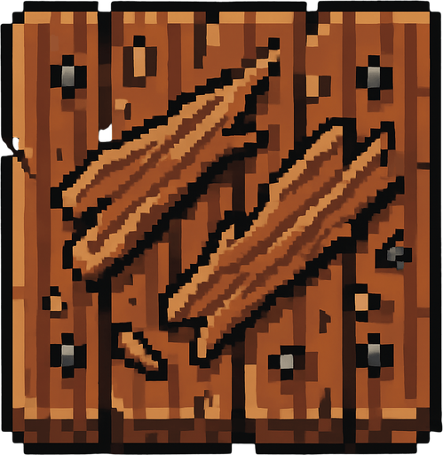 Vista cenital de una baldosa de puerta de madera destruida, aislada, vista desde arriba, estilo pixel art 2D para videojuego, textura continua y repetible, sprite de 32x32. Sin manija, sin marco, sin bisagras. Tablones de madera rotos, astillas y clavos decorativos dispersos. Vetas de madera estilizadas. Alto contraste, arte estilo hecho a mano. Sin sombras. Sin fondo..
In-Game asset.  2d.  High contrast.  No shadows
