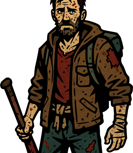 Un hombre que parece que sobrevivió a un apocalipsis zombie.
In-Game asset.  2d.  High contrast.  No shadows