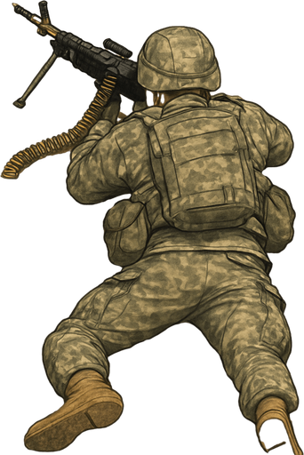 Army soldier laying with machine gun, top view from back